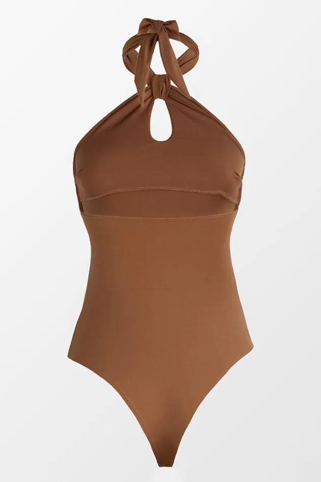 Women Bodysuits Cupshe Kinsley Halter Keyhole Bodysuit Brown