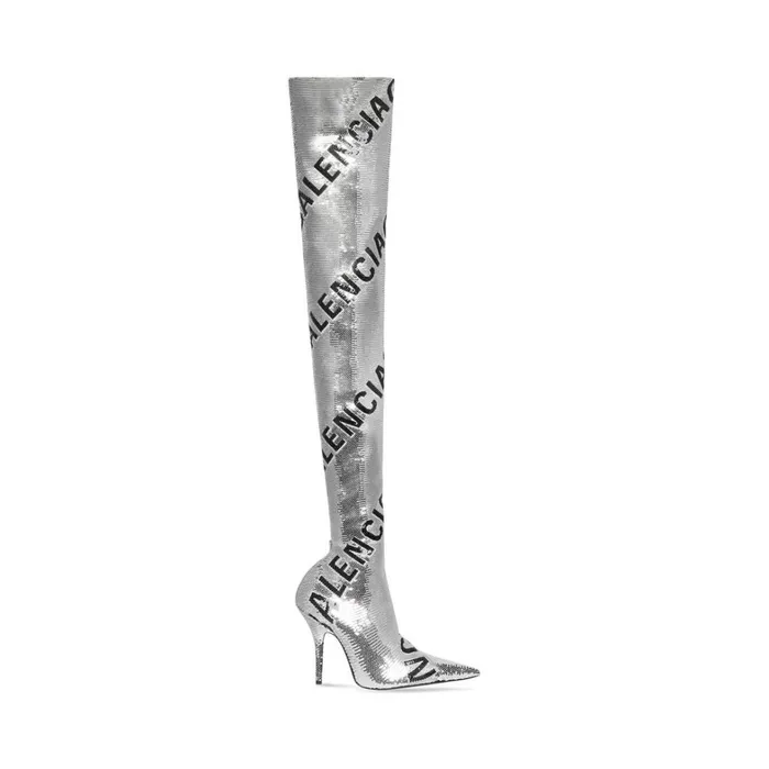 Women Boots and Ankle Boots Balenciaga Knife 110mm Overtheknee Allover Logo In Silver