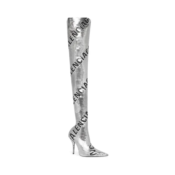 Women Boots and Ankle Boots Balenciaga Knife 110mm Overtheknee Allover Logo In Silver