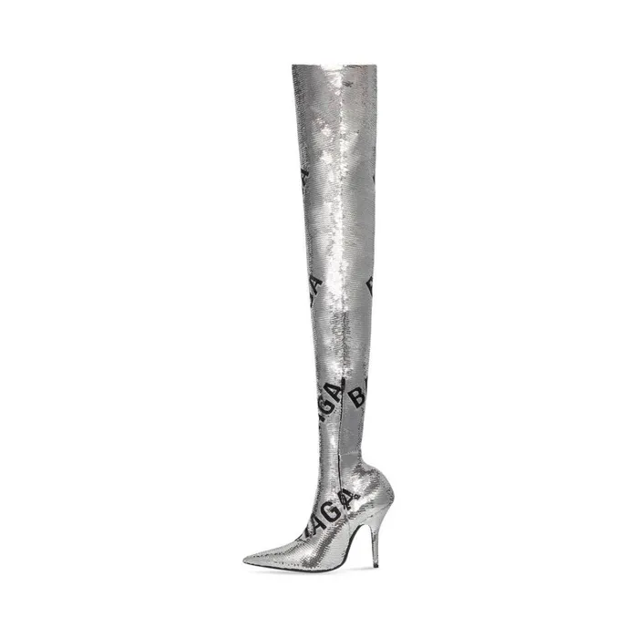 Women Boots and Ankle Boots Balenciaga Knife 110mm Overtheknee Allover Logo In Silver
