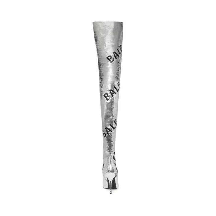 Women Boots and Ankle Boots Balenciaga Knife 110mm Overtheknee Allover Logo In Silver