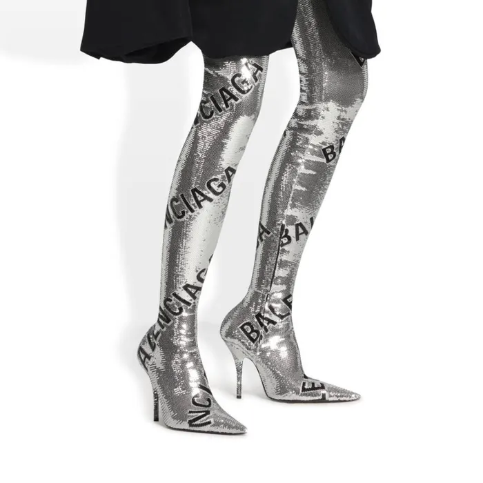 Women Boots and Ankle Boots Balenciaga Knife 110mm Overtheknee Allover Logo In Silver