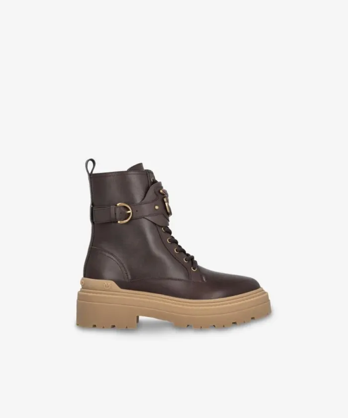 Women Boots Pinko Leather Combat Boots With Branded Front Strap Peppercorn