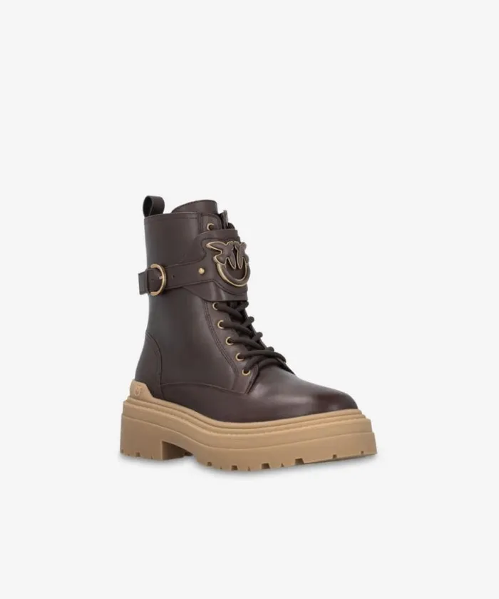 Women Boots Pinko Leather Combat Boots With Branded Front Strap Peppercorn Women Boots Pinko Leather Combat Boots With Branded Front Strap Peppercorn