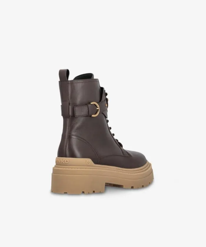 Women Boots Pinko Leather Combat Boots With Branded Front Strap Peppercorn Women Boots Pinko Leather Combat Boots With Branded Front Strap Peppercorn