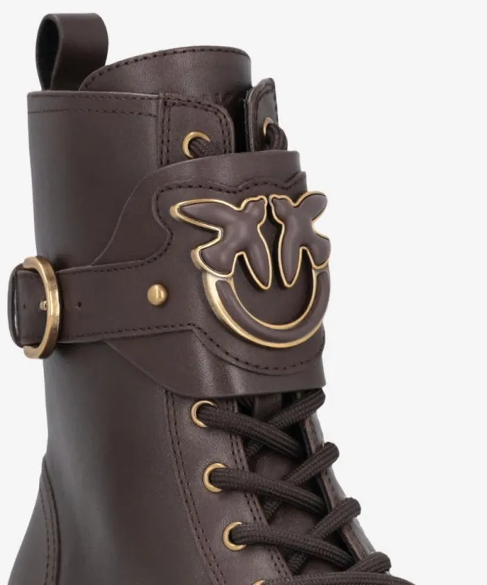 Women Boots Pinko Leather Combat Boots With Branded Front Strap Peppercorn Women Boots Pinko Leather Combat Boots With Branded Front Strap Peppercorn