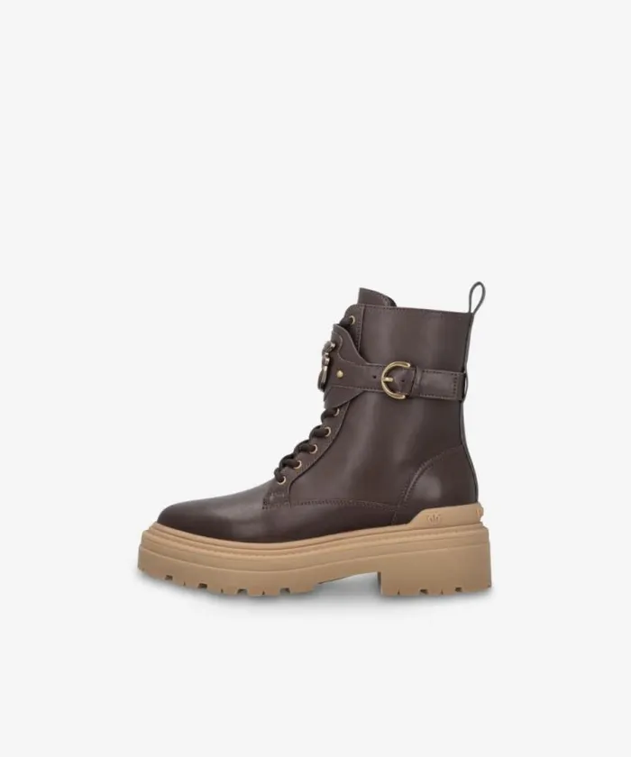 Women Boots Pinko Leather Combat Boots With Branded Front Strap Peppercorn Women Boots Pinko Leather Combat Boots With Branded Front Strap Peppercorn