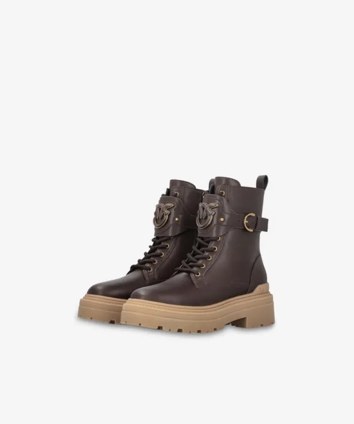 Women Boots Pinko Leather Combat Boots With Branded Front Strap Peppercorn Women Boots Pinko Leather Combat Boots With Branded Front Strap Peppercorn