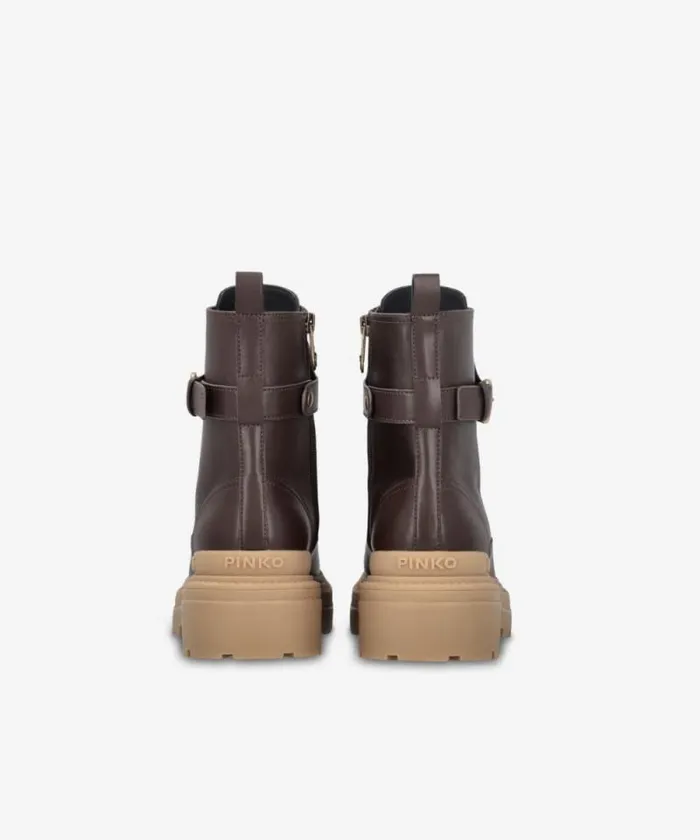 Women Boots Pinko Leather Combat Boots With Branded Front Strap Peppercorn Women Boots Pinko Leather Combat Boots With Branded Front Strap Peppercorn
