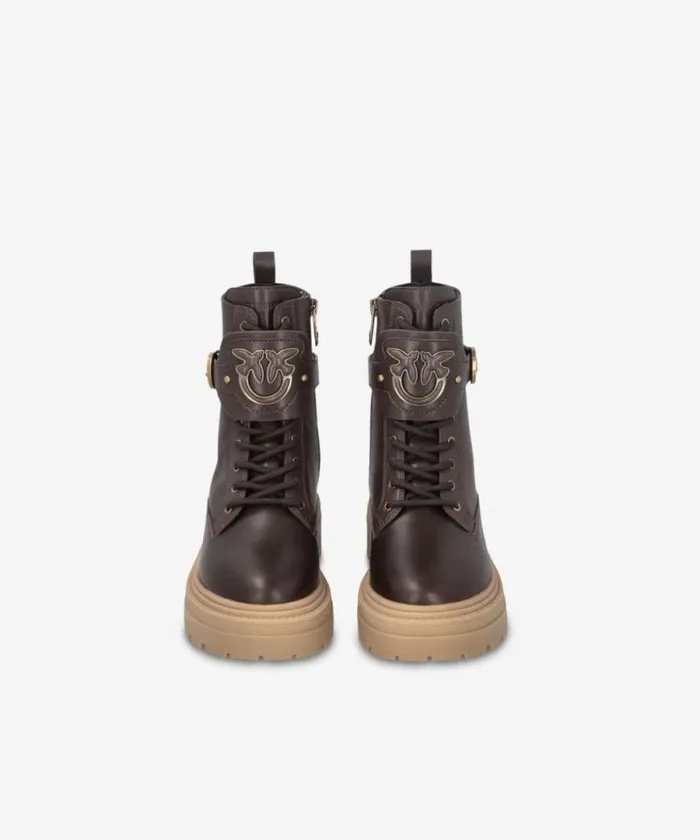 Women Boots Pinko Leather Combat Boots With Branded Front Strap Peppercorn Women Boots Pinko Leather Combat Boots With Branded Front Strap Peppercorn