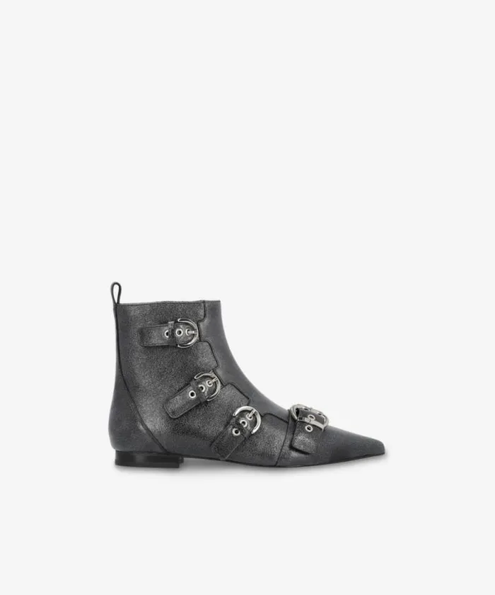 Women Boots Pinko Pointedtoe Leather Ankle Boots With Buckles Limo Black