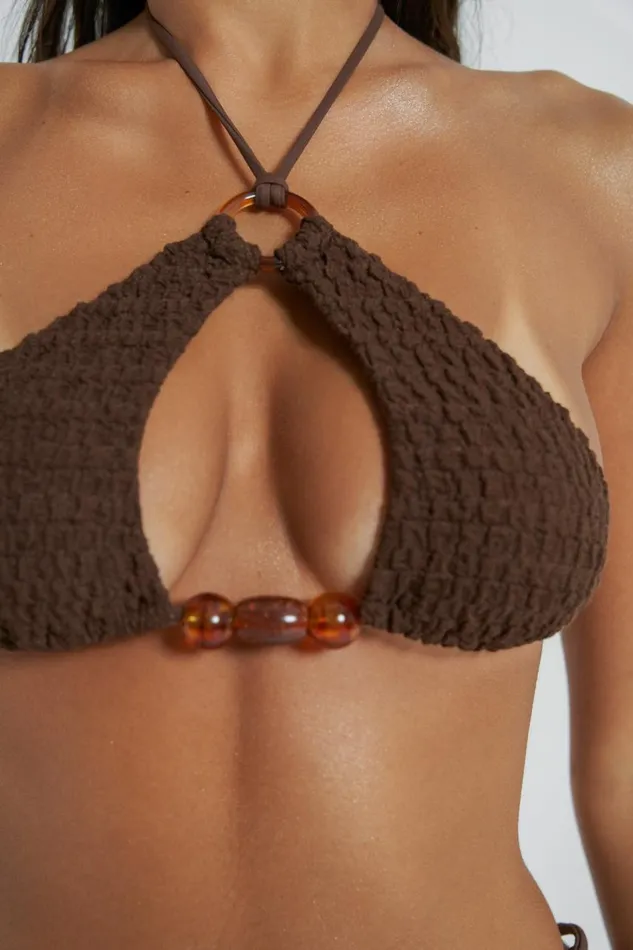 Women Brown Zig Zag Knit Halter Bikini Top Jaded London Bikini Tops