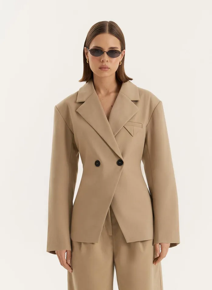 Women Camel Cinched Waist Tailored Blazer Reese 4th and Reckless Blazers
