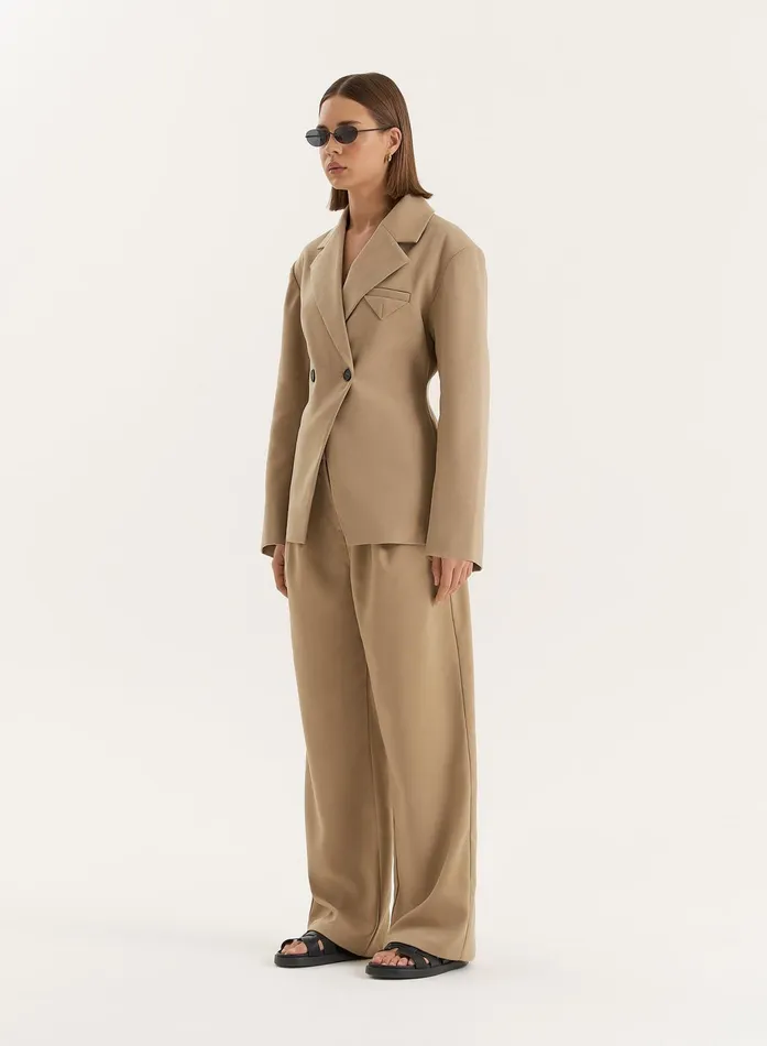 Women Camel Cinched Waist Tailored Blazer Reese 4th and Reckless Blazers