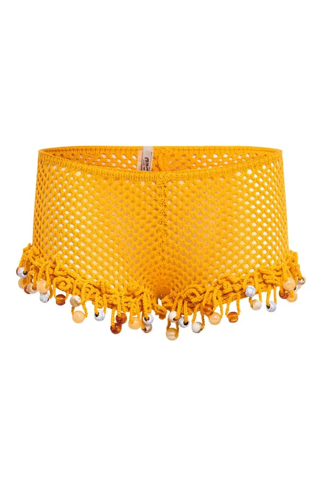 Women Canary Yellow Crochet Hot Pants With Beaded Fringing Jaded London Knitwear