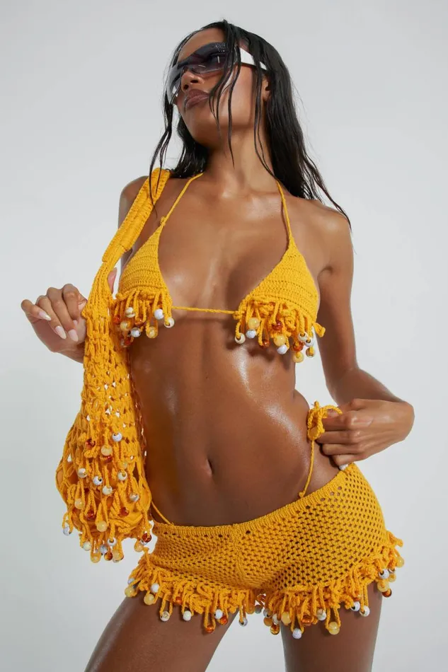 Women Canary Yellow Crochet Hot Pants With Beaded Fringing Jaded London Knitwear