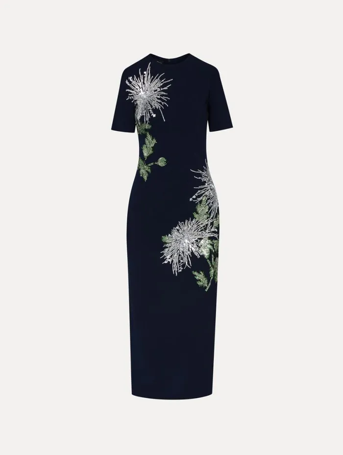 Women Chrysanthemum Crystal Embroidered Pencil Dress Navy Oscar De La Renta Dresses