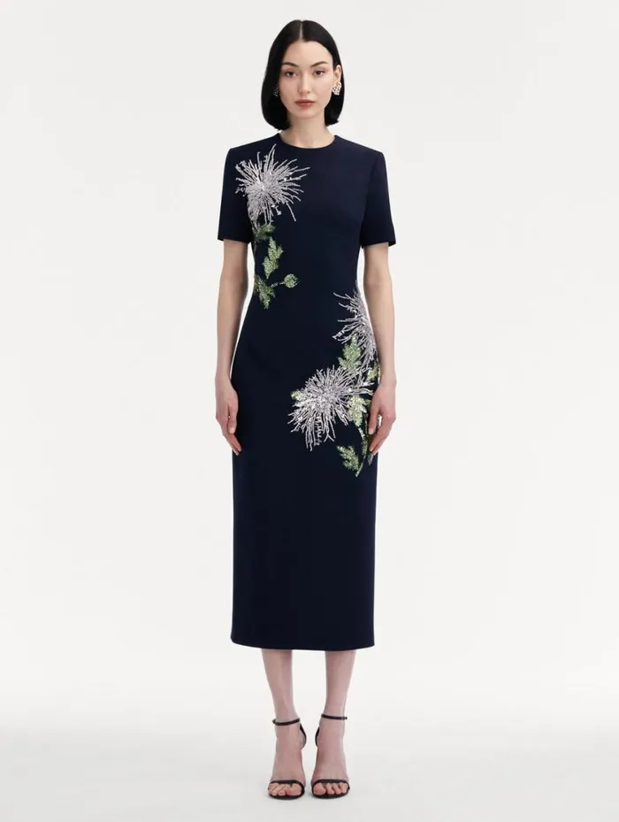 Women Chrysanthemum Crystal Embroidered Pencil Dress Navy Oscar De La Renta Dresses Women Chrysanthemum Crystal Embroidered Pencil Dress Navy Oscar De La Renta Dresses