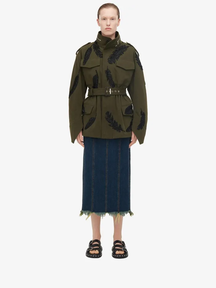 Women Coats And Outerwear Alexander McQueen Feather Embroidery Parka Jacket Khaki