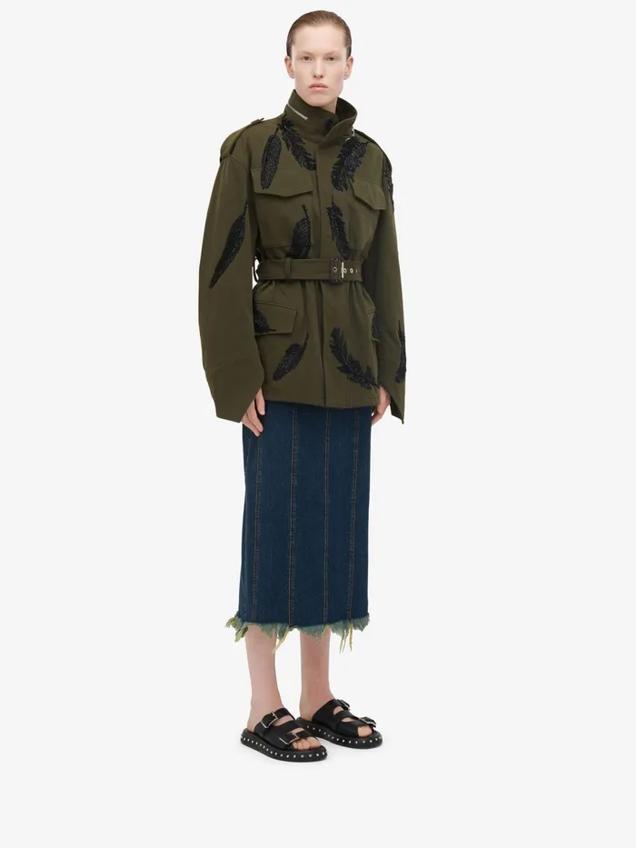 Women Coats And Outerwear Alexander McQueen Feather Embroidery Parka Jacket Khaki