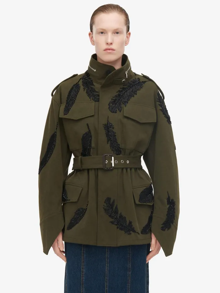 Women Coats And Outerwear Alexander McQueen Feather Embroidery Parka Jacket Khaki