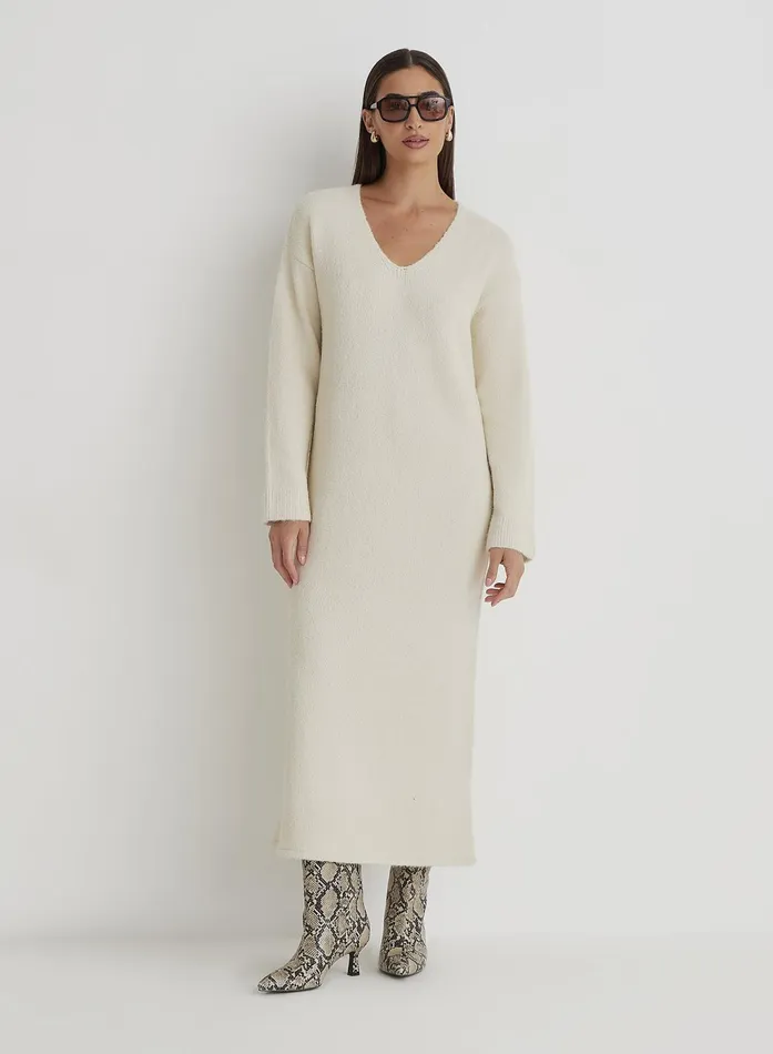 Women Cream V Neck Knitted Maxi Dress Dahlia 4th and Reckless Knitwear