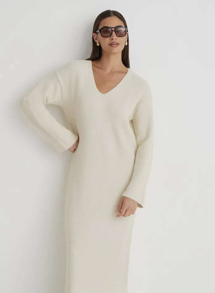 Women Cream V Neck Knitted Maxi Dress Dahlia 4th and Reckless Knitwear