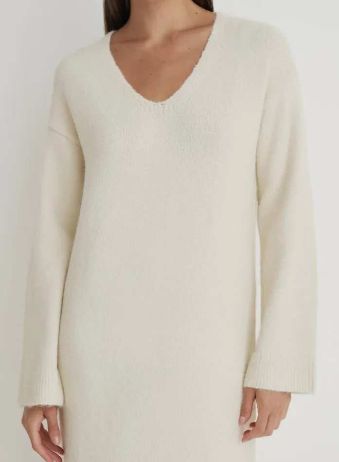 Women Cream V Neck Knitted Maxi Dress Dahlia 4th and Reckless Knitwear