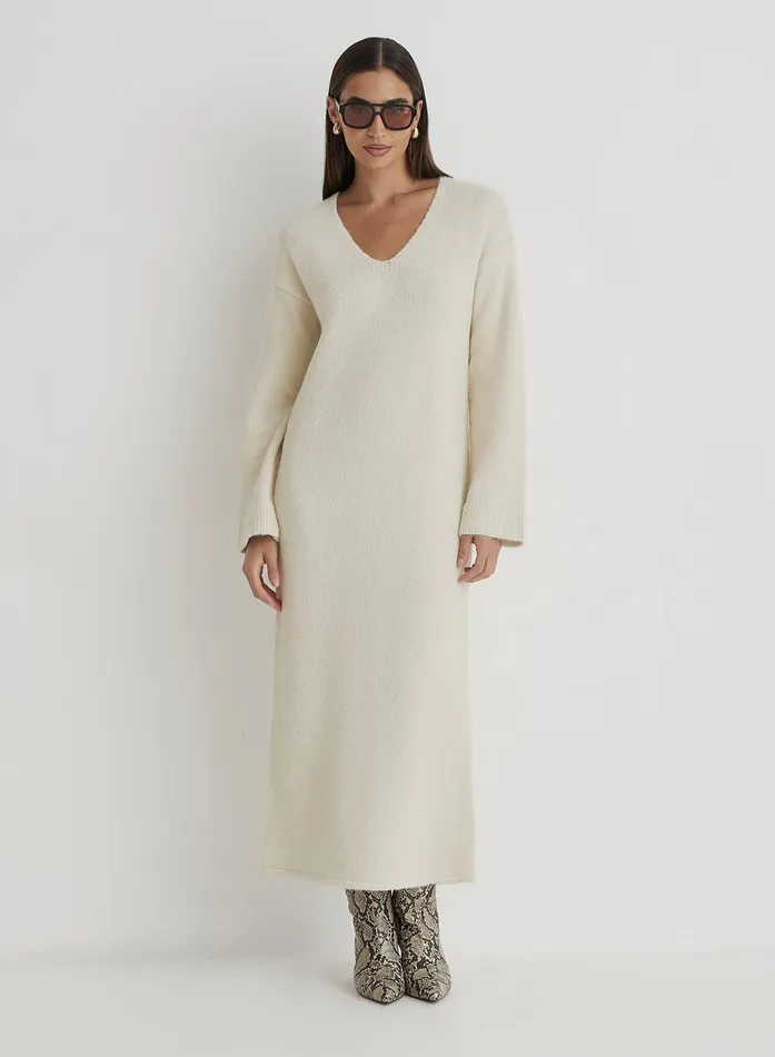 Women Cream V Neck Knitted Maxi Dress Dahlia 4th and Reckless Knitwear