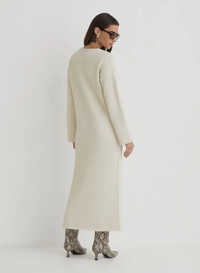 Women Cream V Neck Knitted Maxi Dress Dahlia 4th and Reckless Knitwear