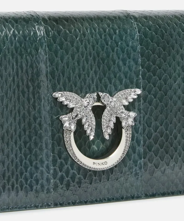 Women Crossbody Bags Pinko PINKO Galleria Mini Love Bag Crossbody Bag In Shiny Reptile Skin Dark Greenold Silver