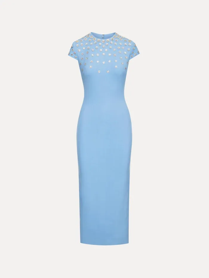 Women Crystal Embroidered Cap Sleeve Dress Pastel Blue Oscar De La Renta Dresses