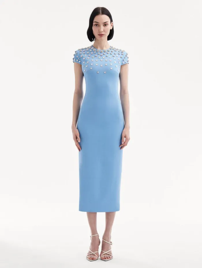 Women Crystal Embroidered Cap Sleeve Dress Pastel Blue Oscar De La Renta Dresses Women Crystal Embroidered Cap Sleeve Dress Pastel Blue Oscar De La Renta Dresses