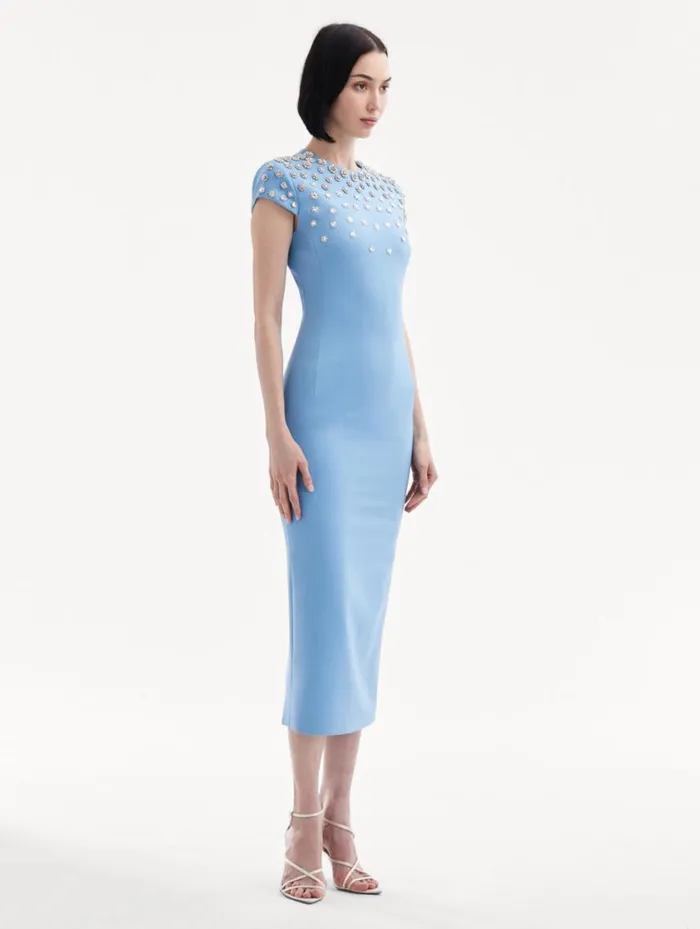Women Crystal Embroidered Cap Sleeve Dress Pastel Blue Oscar De La Renta Dresses Women Crystal Embroidered Cap Sleeve Dress Pastel Blue Oscar De La Renta Dresses