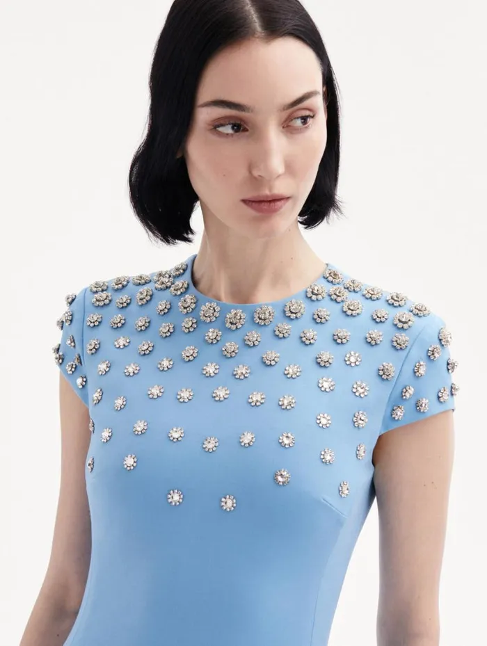 Women Crystal Embroidered Cap Sleeve Dress Pastel Blue Oscar De La Renta Dresses Women Crystal Embroidered Cap Sleeve Dress Pastel Blue Oscar De La Renta Dresses