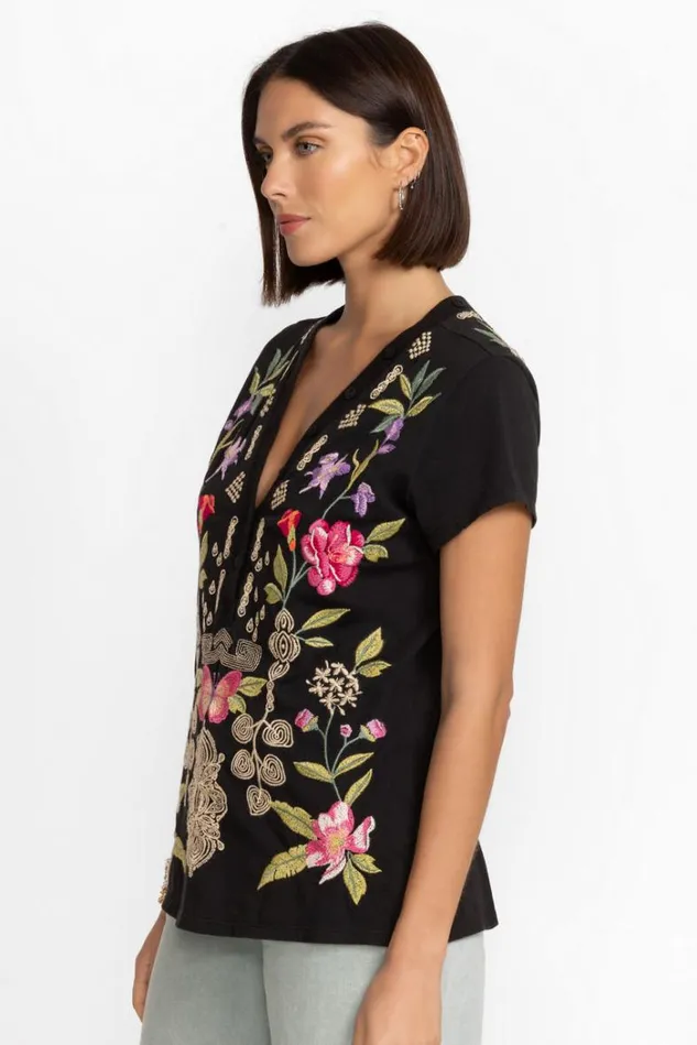 Women DACIE BUTTON NECK KNIT TEE Black Johnny Was Tops