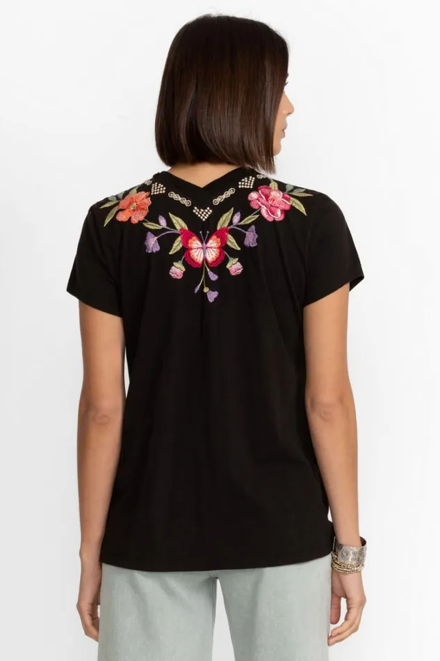 Women DACIE BUTTON NECK KNIT TEE Black Johnny Was Tops
