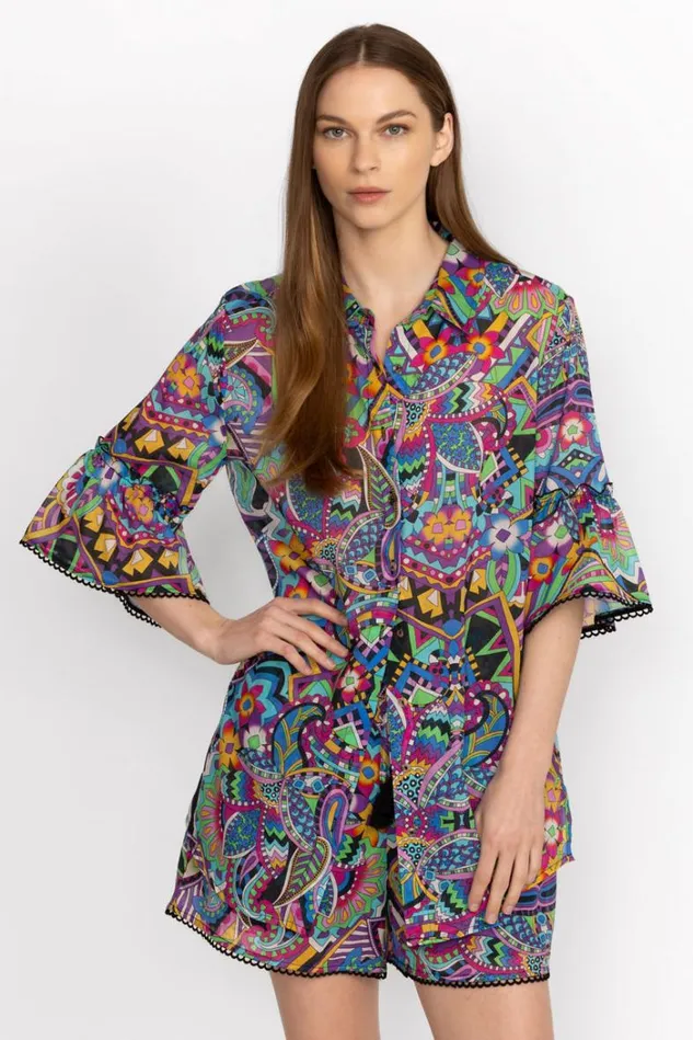 Women DEMARNE RUFFLE SLEEVE TUNIC Demarne Print Johnny Was Tops Women DEMARNE RUFFLE SLEEVE TUNIC Demarne Print Johnny Was Tops