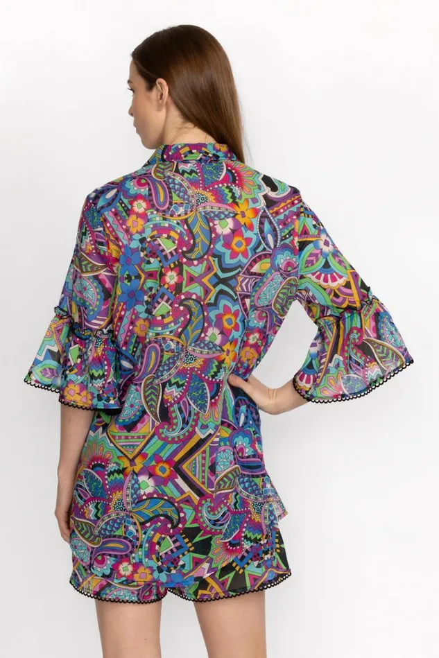 Women DEMARNE RUFFLE SLEEVE TUNIC Demarne Print Johnny Was Tops Women DEMARNE RUFFLE SLEEVE TUNIC Demarne Print Johnny Was Tops