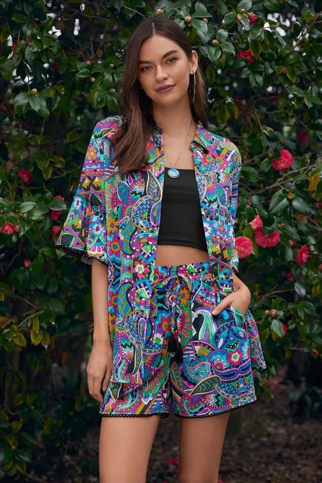 Women DEMARNE RUFFLE SLEEVE TUNIC Demarne Print Johnny Was Tops Women DEMARNE RUFFLE SLEEVE TUNIC Demarne Print Johnny Was Tops