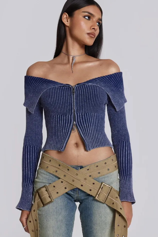 Women Denim Look Knitted Long Sleeve Top Jaded London Knitwear