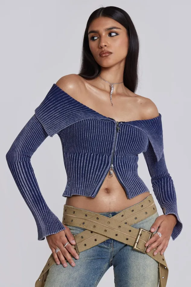 Women Denim Look Knitted Long Sleeve Top Jaded London Knitwear