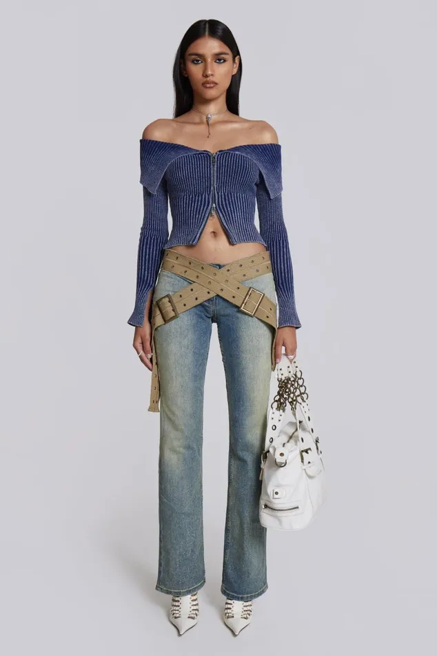 Women Denim Look Knitted Long Sleeve Top Jaded London Knitwear