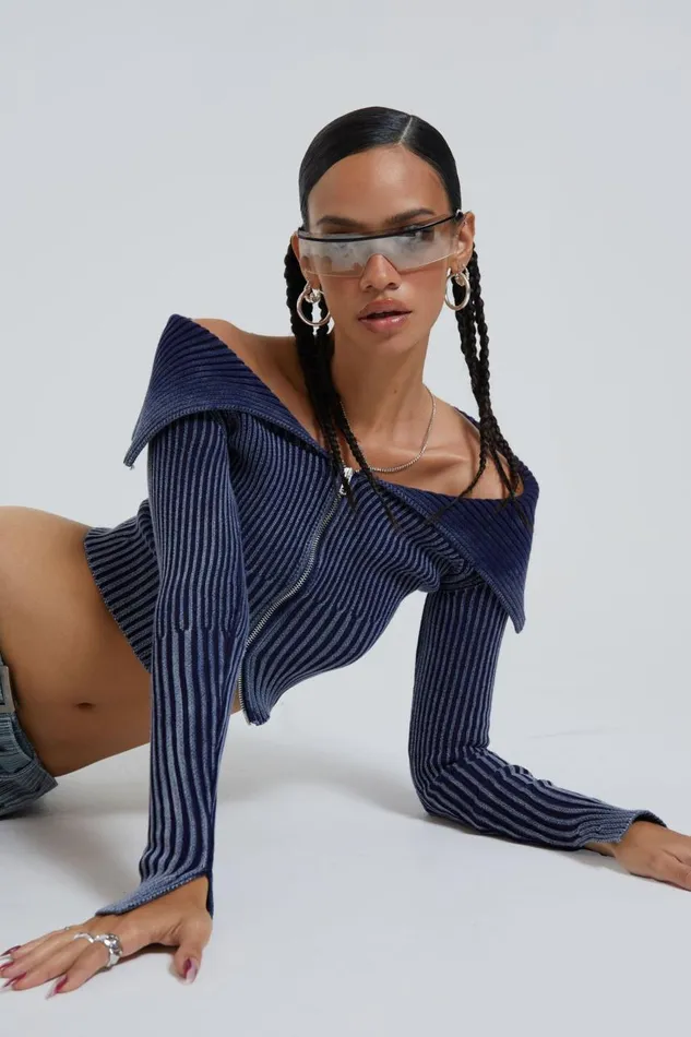 Women Denim Look Knitted Long Sleeve Top Jaded London Knitwear