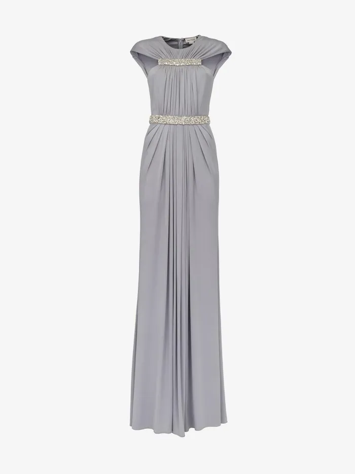 Women Dresses Alexander McQueen Gathered Cape Evening Dress Silver Grey