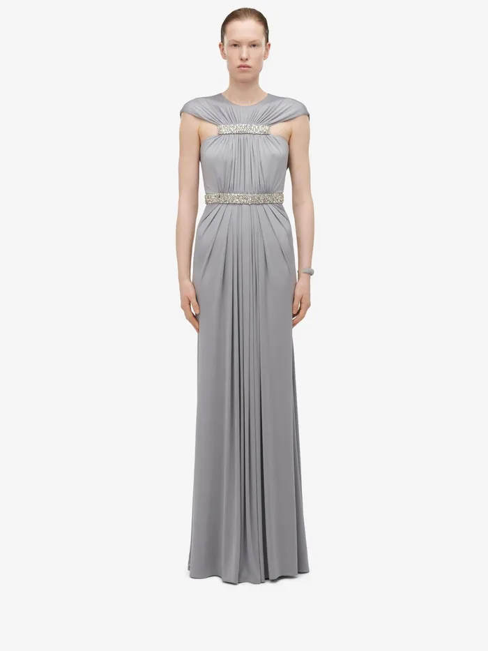 Women Dresses Alexander McQueen Gathered Cape Evening Dress Silver Grey