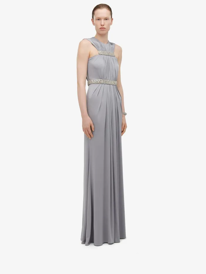 Women Dresses Alexander McQueen Gathered Cape Evening Dress Silver Grey