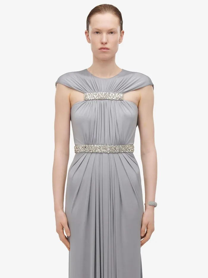 Women Dresses Alexander McQueen Gathered Cape Evening Dress Silver Grey