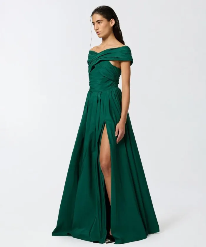 Women Dresses Pinko Elegant Long Taffeta Dress With Open Shoulders Dark Bottle Green Women Dresses Pinko Elegant Long Taffeta Dress With Open Shoulders Dark Bottle Green