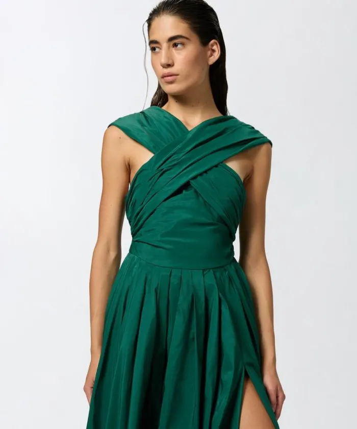 Women Dresses Pinko Elegant Long Taffeta Dress With Open Shoulders Dark Bottle Green Women Dresses Pinko Elegant Long Taffeta Dress With Open Shoulders Dark Bottle Green